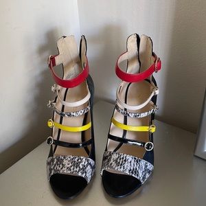 Multi colored strappy heels. Snake print heels. Color blocking sexy shoes